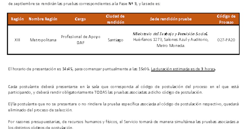 Sede de rendición de pruebas Proceso de Selección Profesional de Apoyo DAF
