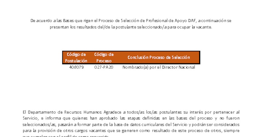Publicación de resultado Profesional de Apoyo DAF