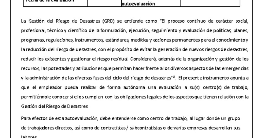 Autoevaluación de Aspectos Legales asociadas GRD en centros de trabajo