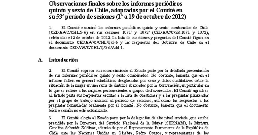 2. CEDAW. Observaciones finales sobre los informes periódicos quinto y sexto de Chile. 2012